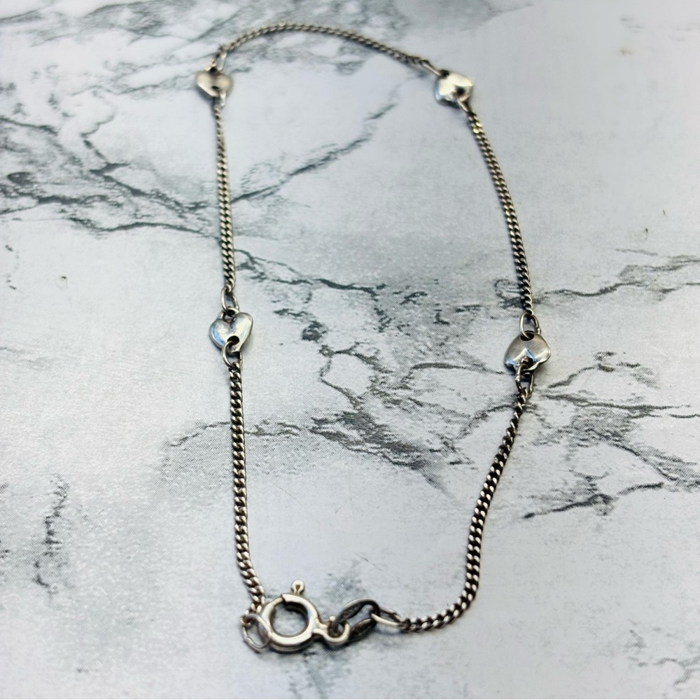 Dainty Vintage 925 Chic Silver Heart Chain Bracelet or Anklet 8.5 inches